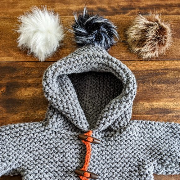 Hand knitted Dark grey coat with cape and pompom - Picture 2 of 9